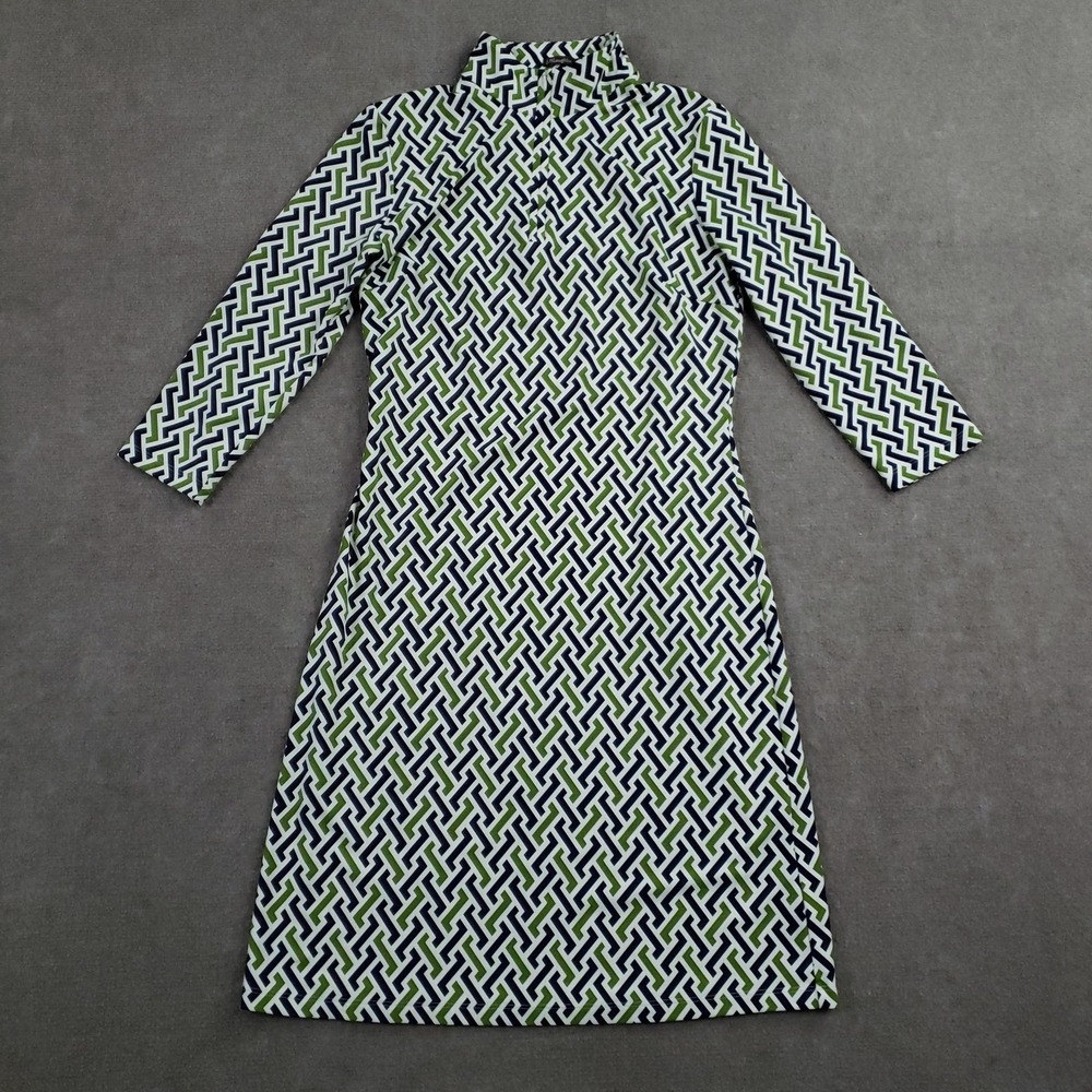 J McLaughlin Shift Dress Women Small Blue Green Geometric 3/4 Sleeve Zip Stretch